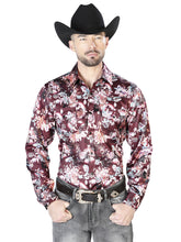 Load image into Gallery viewer, Wine And Beige Flower Print Casual Long Sleeve Shirt 43936
